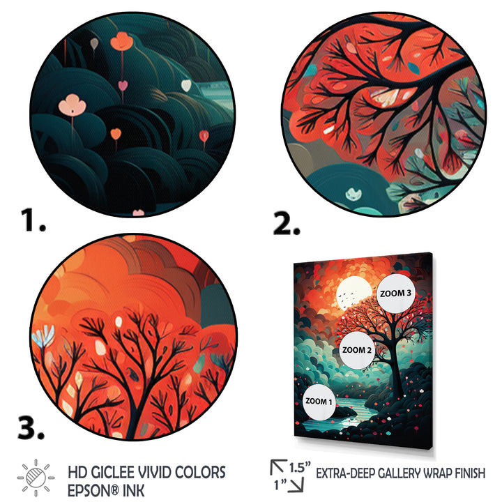 Magical Red Tree Next To Full Moon River - Owl Living Room Wall Art