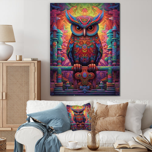 Purple Yellow Colorful Owl gaze - Purple Owl Wall Art
