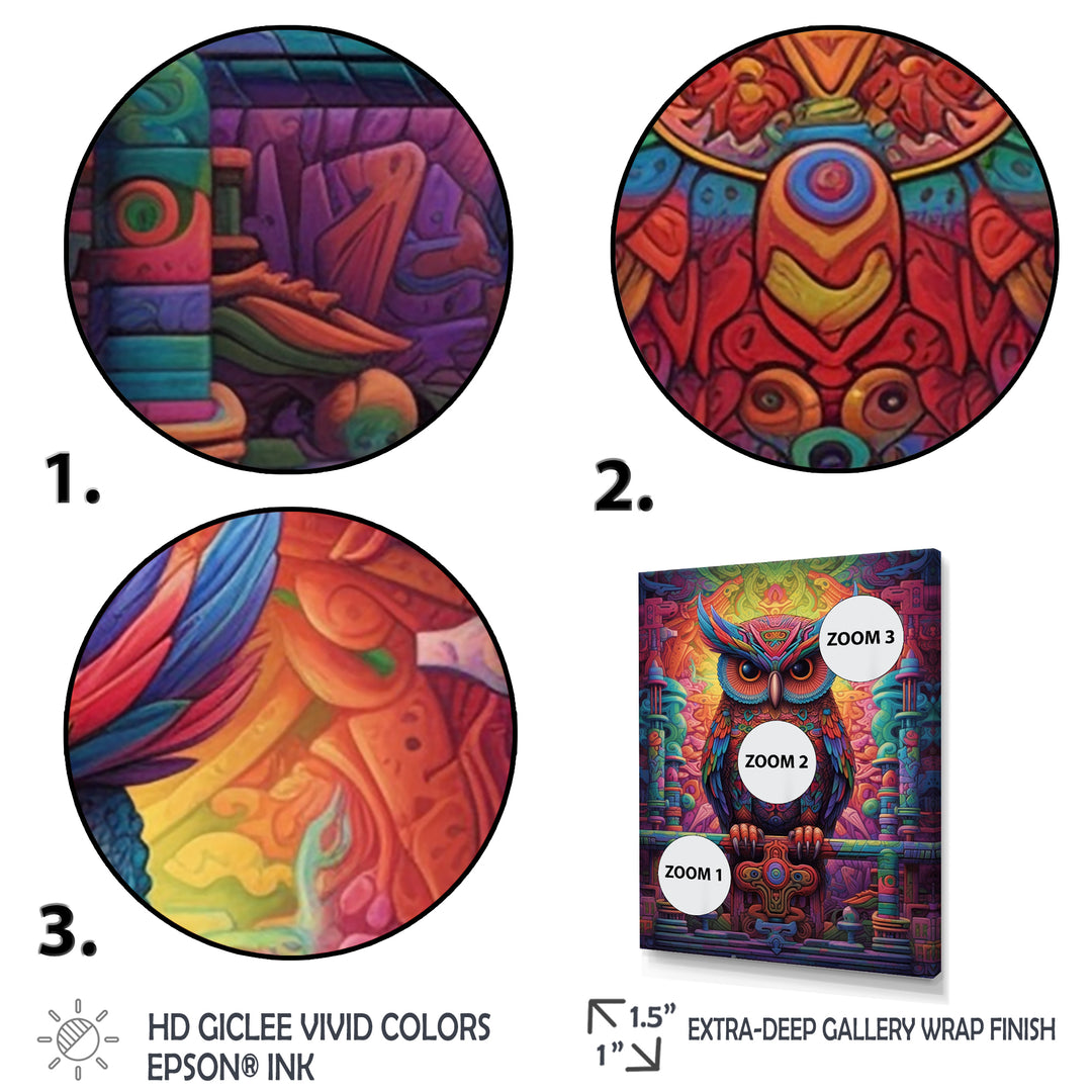 Purple Yellow Colorful Owl gaze - Purple Owl Wall Art