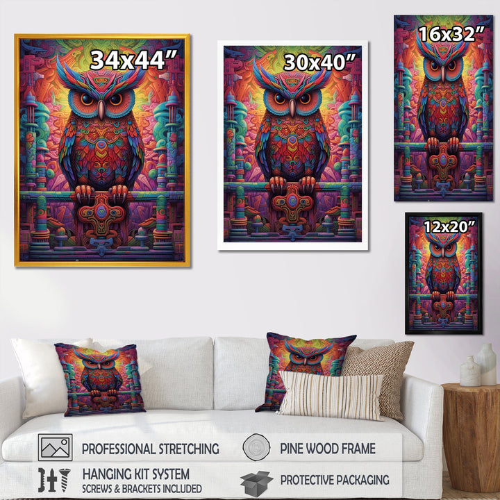 Purple Yellow Colorful Owl gaze - Purple Owl Wall Art