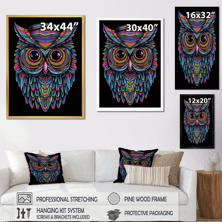 Psychedelic Owl Portrait On Black - Owl Home Decor Art