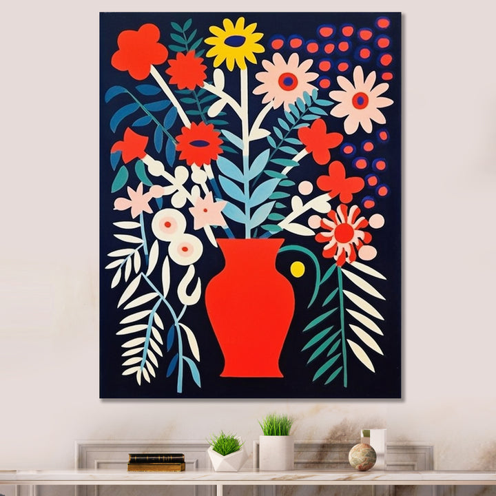 Retro Bouquet Wildflowers In Red Vase - Owl Canvas Wall Art