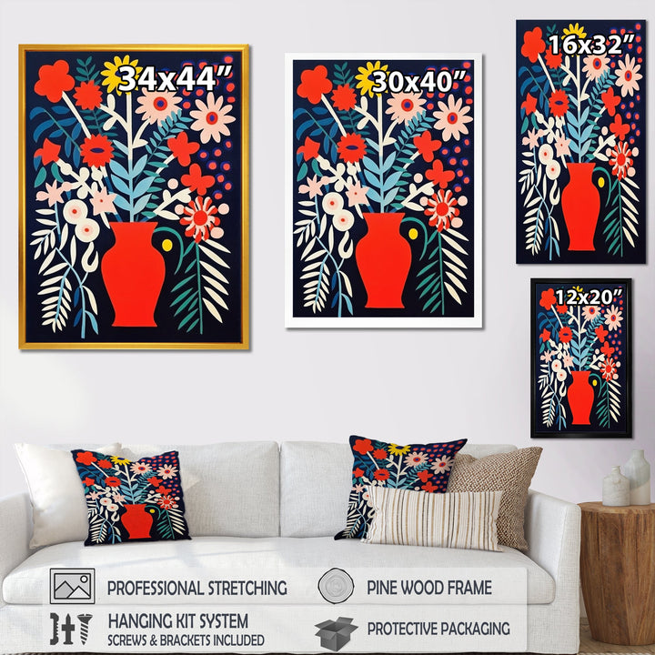 Retro Bouquet Wildflowers In Red Vase - Owl Canvas Wall Art