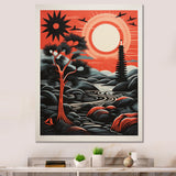 Retro Full Moon Landscape In Red And Black - Owl Wall Art Prints
