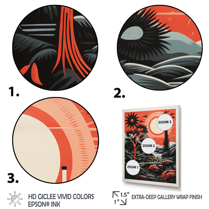 Retro Full Moon Landscape In Red And Black - Owl Wall Art Prints
