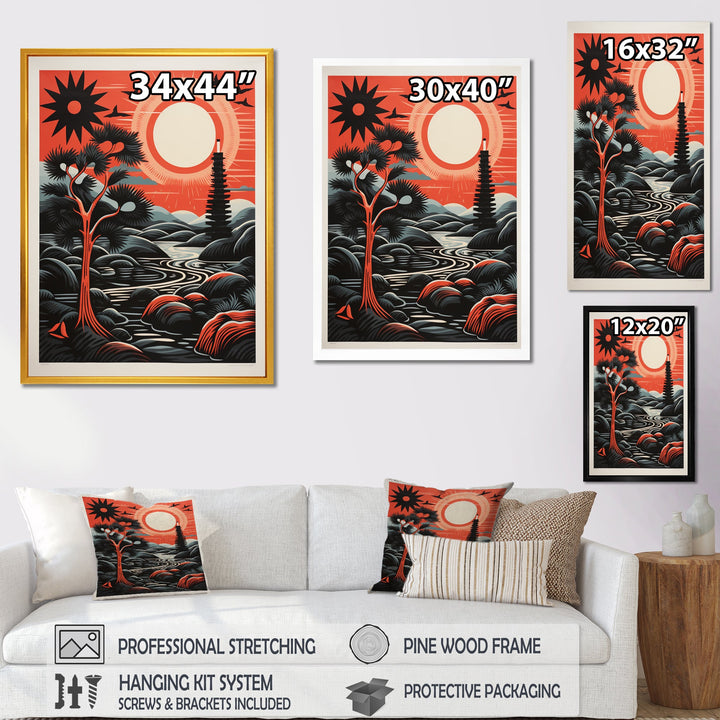 Retro Full Moon Landscape In Red And Black - Owl Wall Art Prints