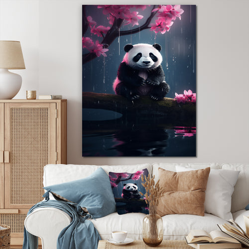 Cute Panda On Branch With Pink Flowers - Panda Framed Canvas Art