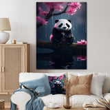 Cute Panda On Branch With Pink Flowers - Panda Framed Canvas Art