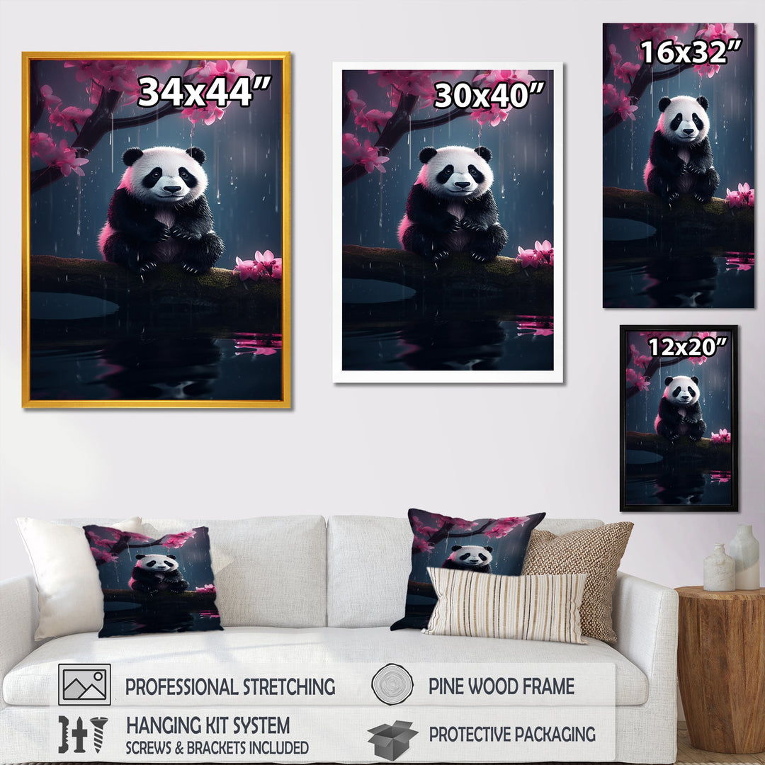 Cute Panda On Branch With Pink Flowers - Panda Framed Canvas Art