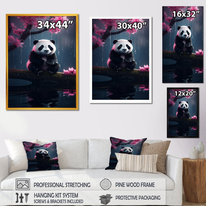 Cute Panda On Branch With Pink Flowers - Panda Framed Canvas Art