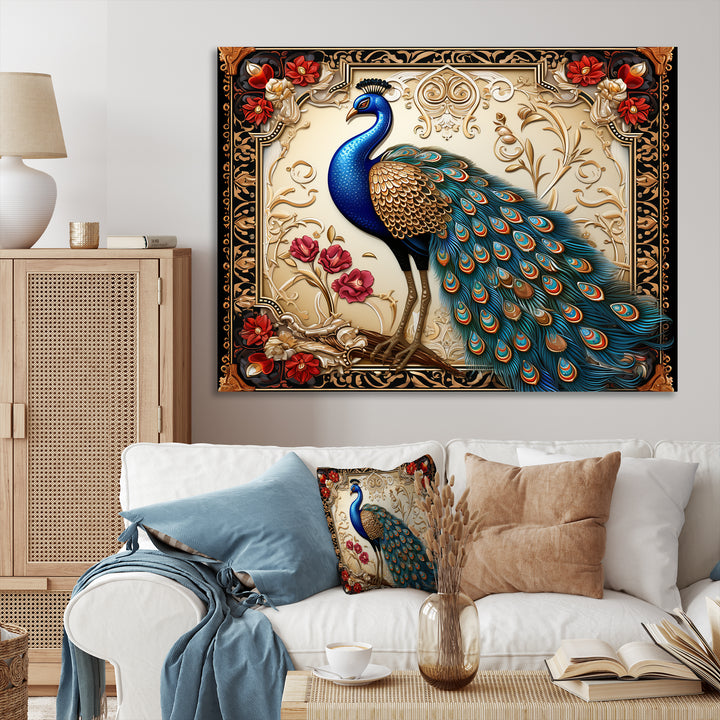 Retro Illustration Of Glorious Blue Peacock - Blue Peacock Wall Art