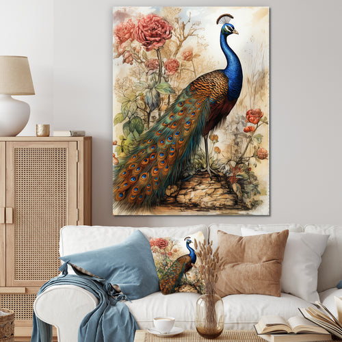 Vintage Illustration Of Glorious Peacock - Peacock Large Canvas Wall Art