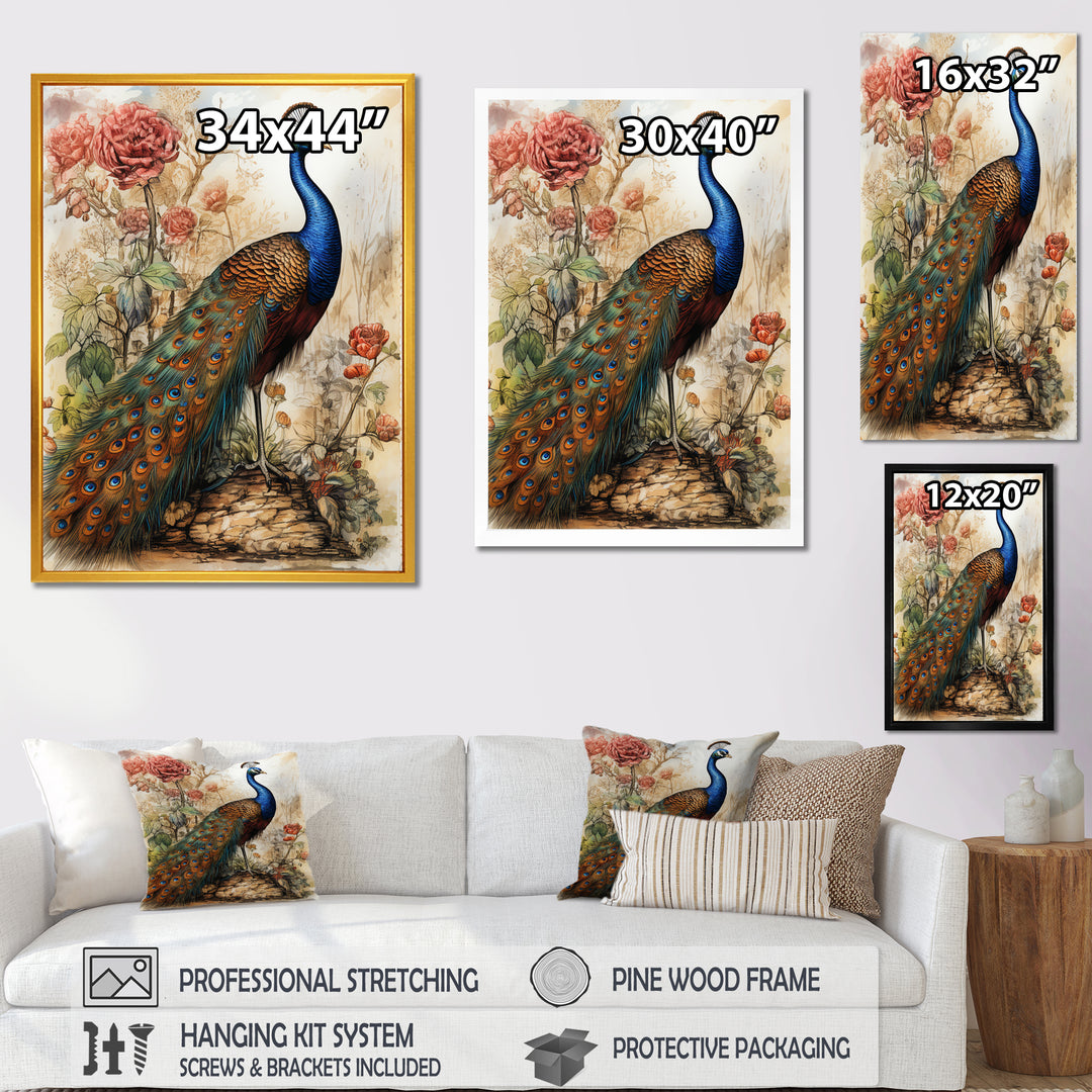 Vintage Illustration Of Glorious Peacock - Peacock Large Canvas Wall Art