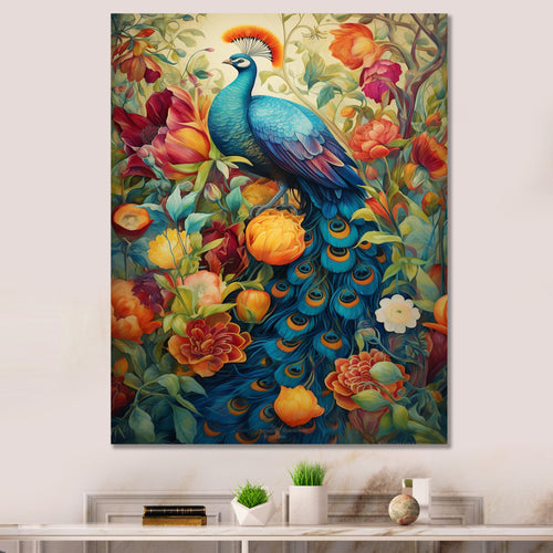 Colorful Painting Of Blue Peacock In Flower Field - Peacock Home Decor Art