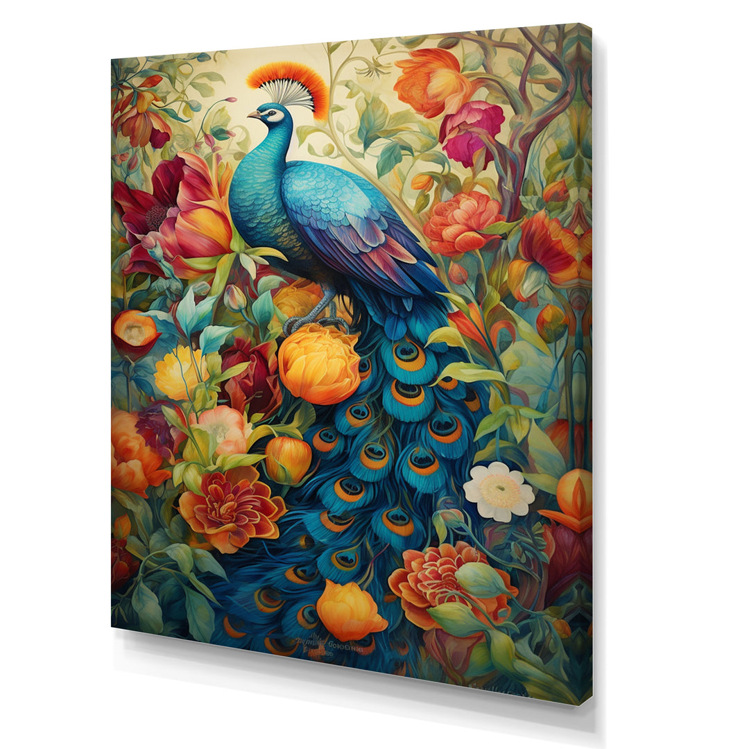 Colorful Painting Of Blue Peacock In Flower Field - Peacock Home Decor Art