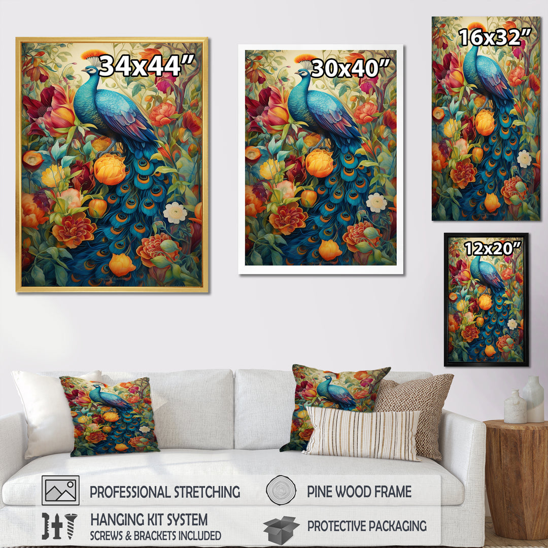 Colorful Painting Of Blue Peacock In Flower Field - Peacock Home Decor Art