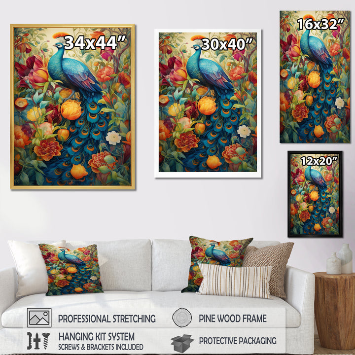 Colorful Painting Of Blue Peacock In Flower Field - Peacock Home Decor Art