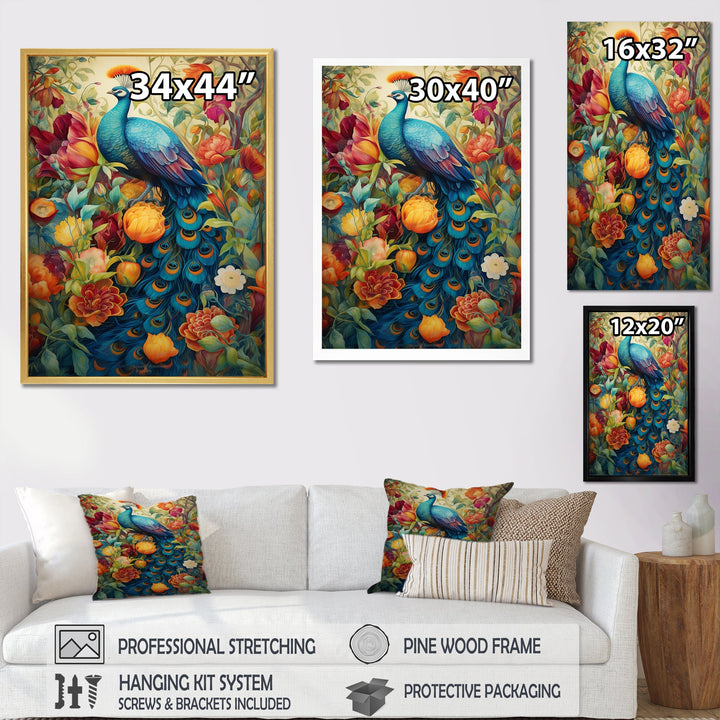 Colorful Painting Of Blue Peacock In Flower Field - Peacock Home Decor Art