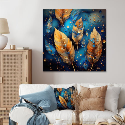 Boho Glam Gold Feathers On Cosmic Blue - Feathers Living Room Wall Art