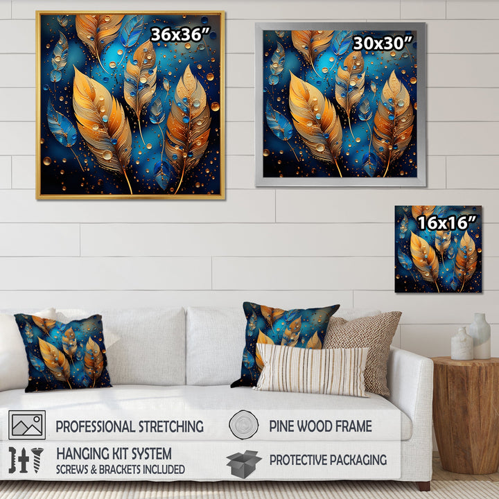 Boho Glam Gold Feathers On Cosmic Blue - Feathers Living Room Wall Art