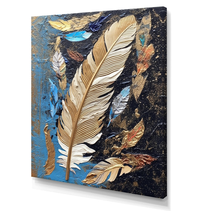 Boho Glam Exquisite Gold On Blue Feather Painting - Feathers Wall Art Prints