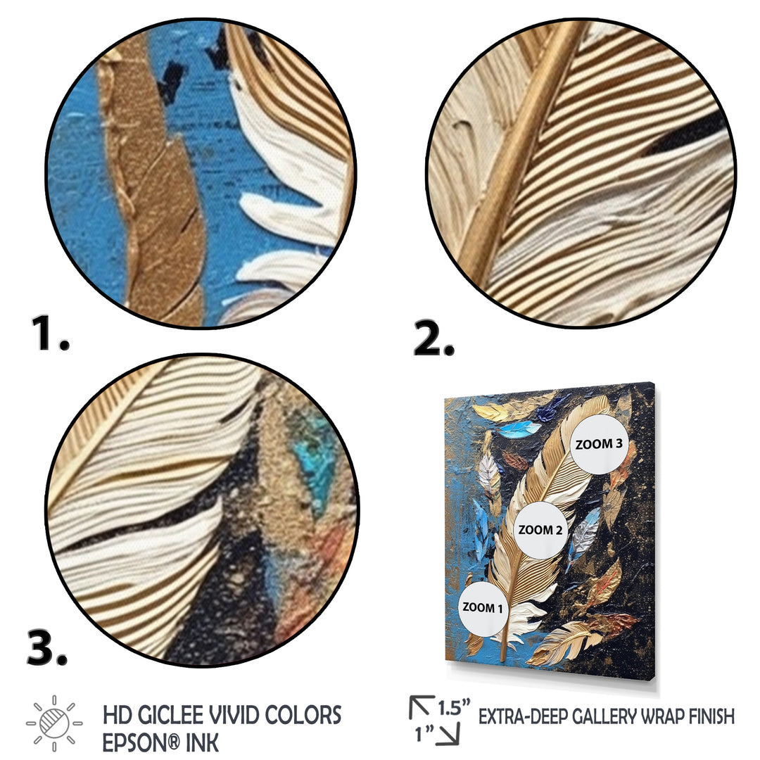 Boho Glam Exquisite Gold On Blue Feather Painting - Feathers Wall Art Prints