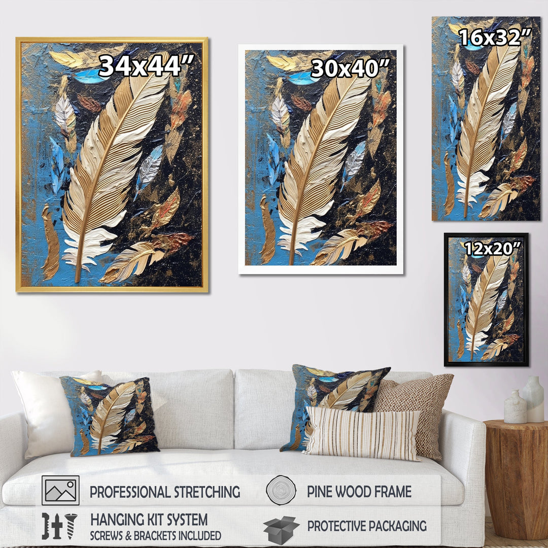 Boho Glam Exquisite Gold On Blue Feather Painting - Feathers Wall Art Prints