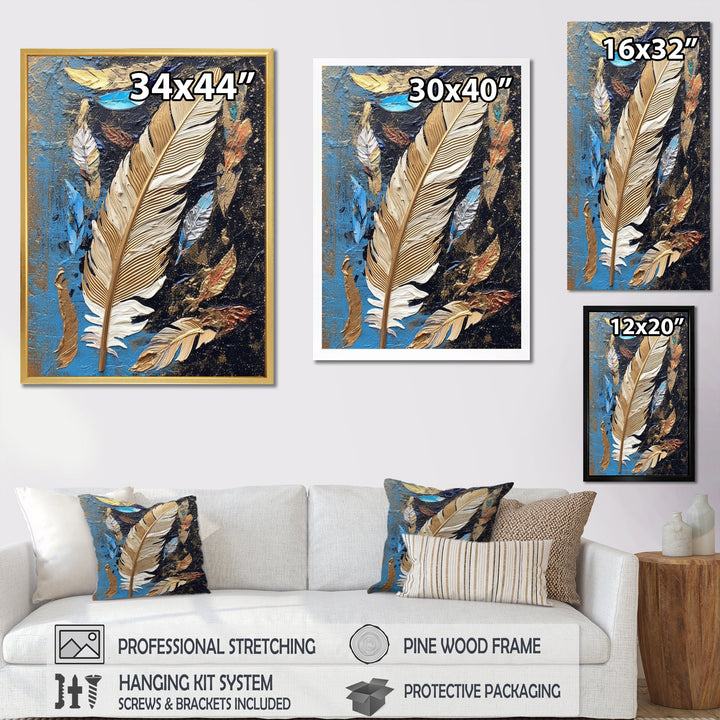 Boho Glam Exquisite Gold On Blue Feather Painting - Feathers Wall Art Prints