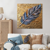 Boho Glam Exquisite Blue Feather On Gold Painting - Feathers Framed Canvas Art