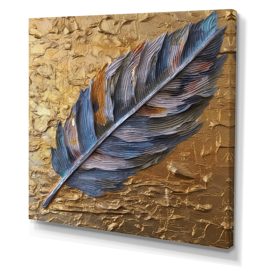 Boho Glam Exquisite Blue Feather On Gold Painting - Feathers Framed Canvas Art