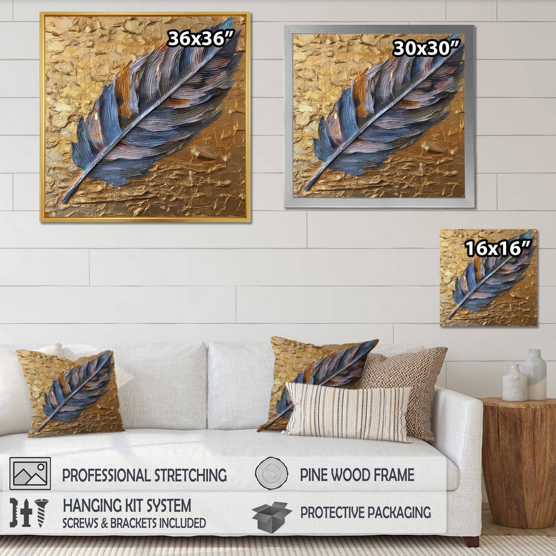 Boho Glam Exquisite Blue Feather On Gold Painting - Feathers Framed Canvas Art