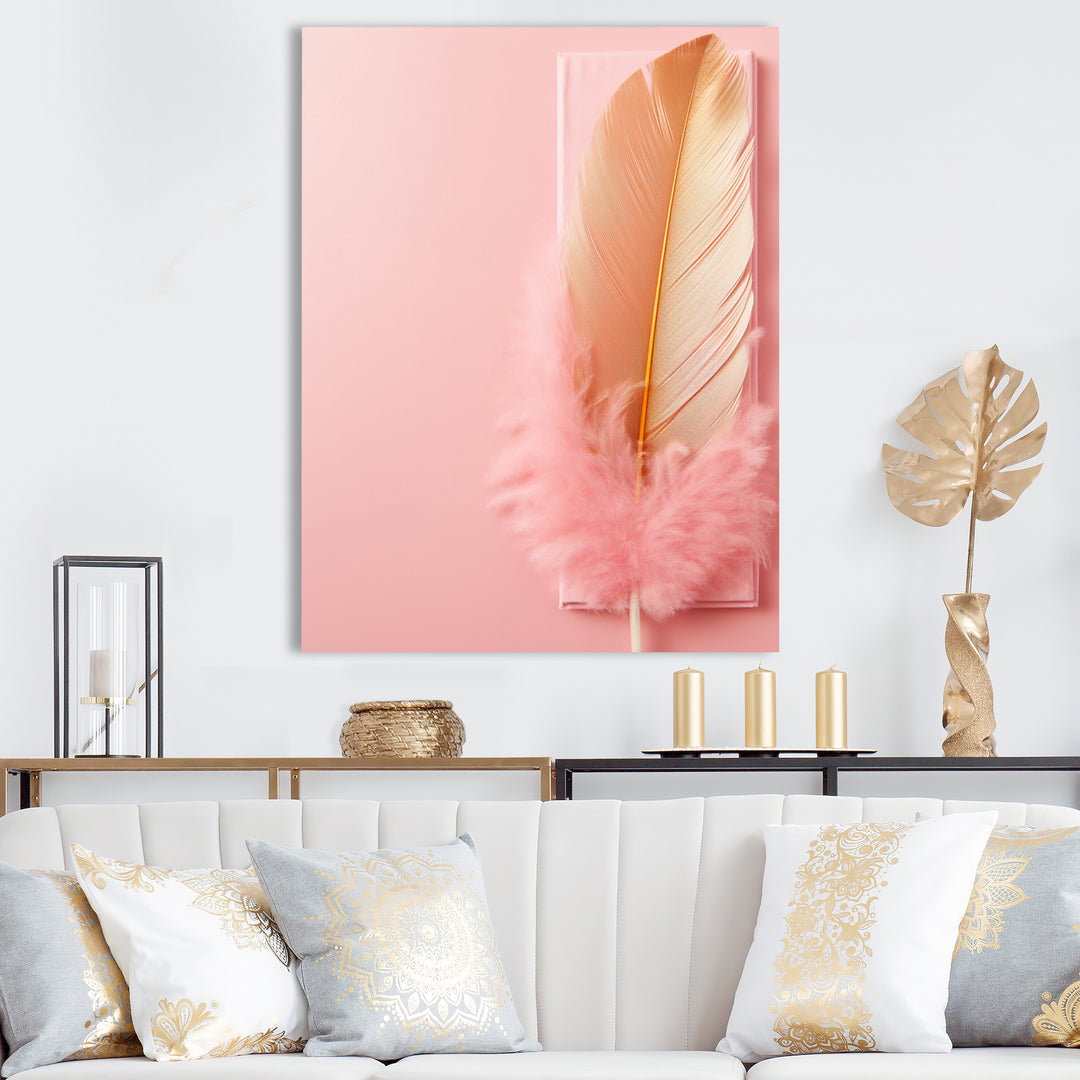 Boho Glam Gold and Pink Feather Elegance - Feathers Living Room Wall Art