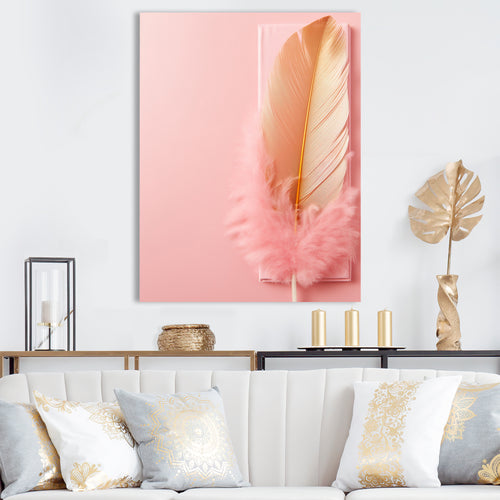 Boho Glam Gold and Pink Feather Elegance - Feathers Living Room Wall Art