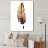 Brown Boho Feather On White Watercolor - Feathers Canvas Wall Art
