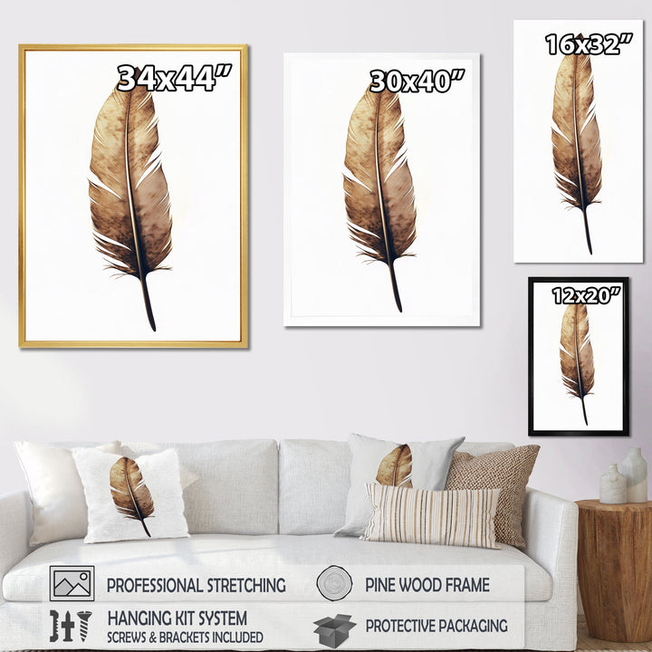Brown Boho Feather On White Watercolor - Feathers Canvas Wall Art