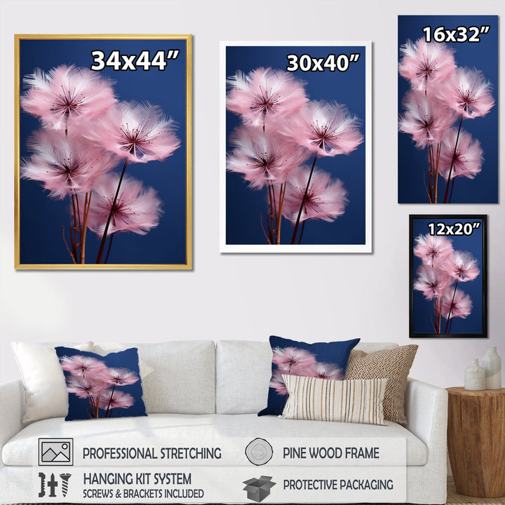 Delicate Pink Dandelion Flowers On Blue Sky - Feathers Wall Art Prints