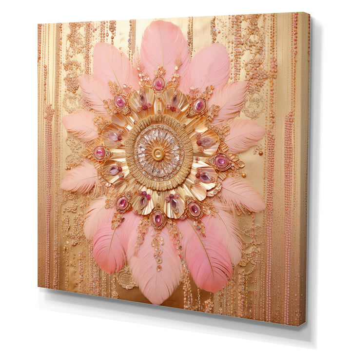 Boho Glam Pink And Gold Dreamcatcher - Feathers Framed Canvas Art