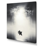 Solitary Fisher Boat Misty Lake Black White - Boat Canvas Wall Art