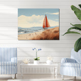 Red Sailboat At The Shore Vintage Illustration - Boat Canvas Wall Art