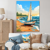 White Sailboat At The Shore Retro Illustration - Boat Canvas Wall Art