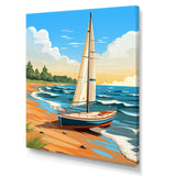White Sailboat At The Shore Retro Illustration - Boat Canvas Wall Art