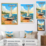 White Sailboat At The Shore Retro Illustration - Boat Canvas Wall Art