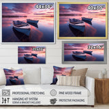 White Longboats Pink Blue Sunset Reflection - Boat Canvas Wall Art