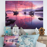 White Sailboat Pink Blue Sunset Reflection - Boat Canvas Wall Art