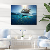 Boat Floating Above Fishes In The Turquoise Ocean - Boat Canvas Wall Art