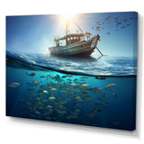 Boat Floating Above Fishes In The Turquoise Ocean - Boat Canvas Wall Art