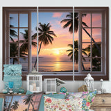 Tropical Oceanview Through Open White Window I - 3-Piece Canvas Wall Art