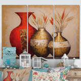 Still Life Red Gold Vase With Wheat Flowers - 3-Piece Canvas Wall Art