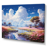 White Clouds Vibrant Blue Sky Pink Floral Meadows - Classic Cars Canvas Wall Art