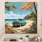 Vintage Old timer Classic Turquoise Car Beachside - Classic Cars Canvas Wall Art